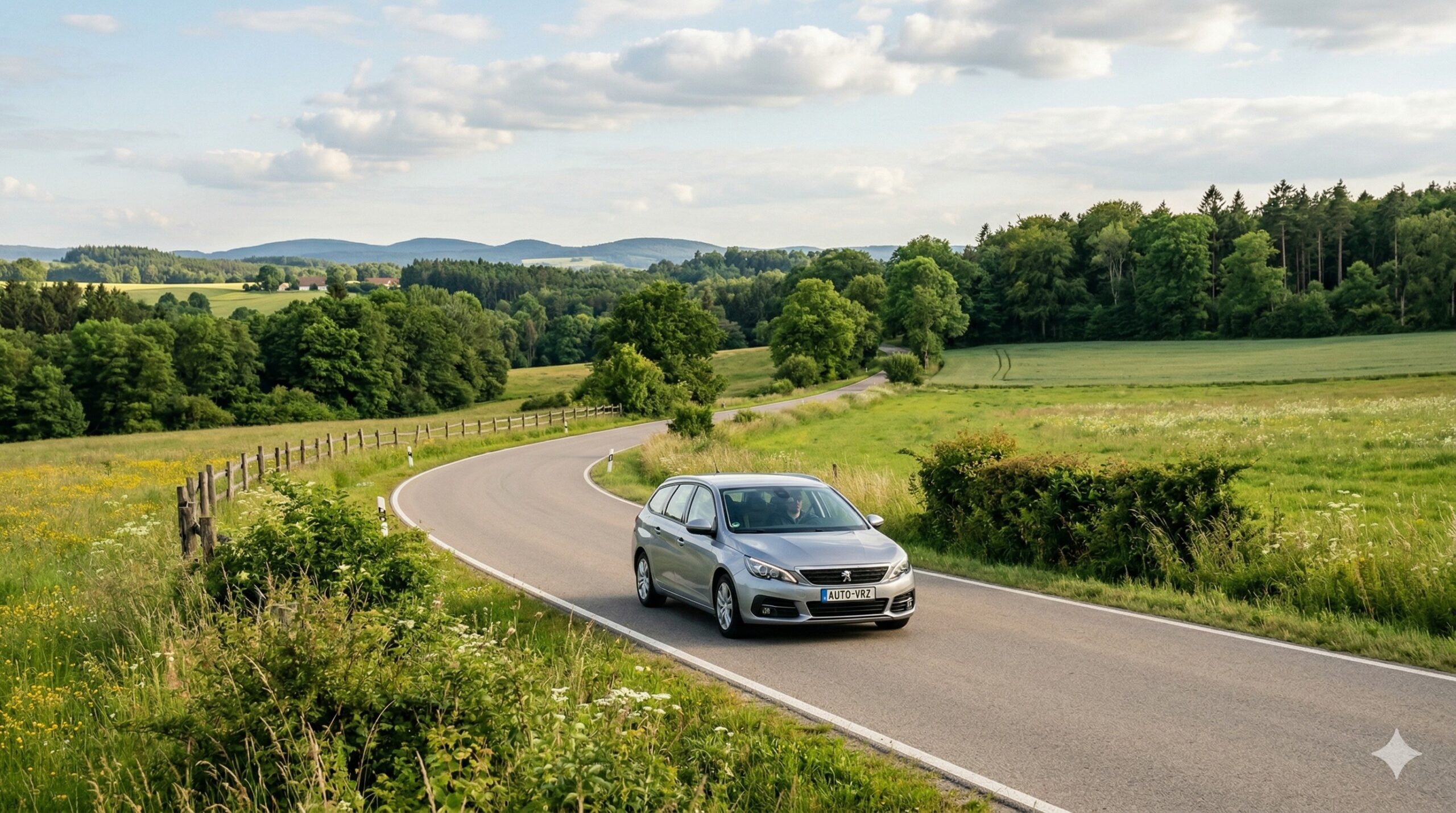 Een moderne auto geparkeerd langs de weg, klaar voor vertrek met een goede verzekering.