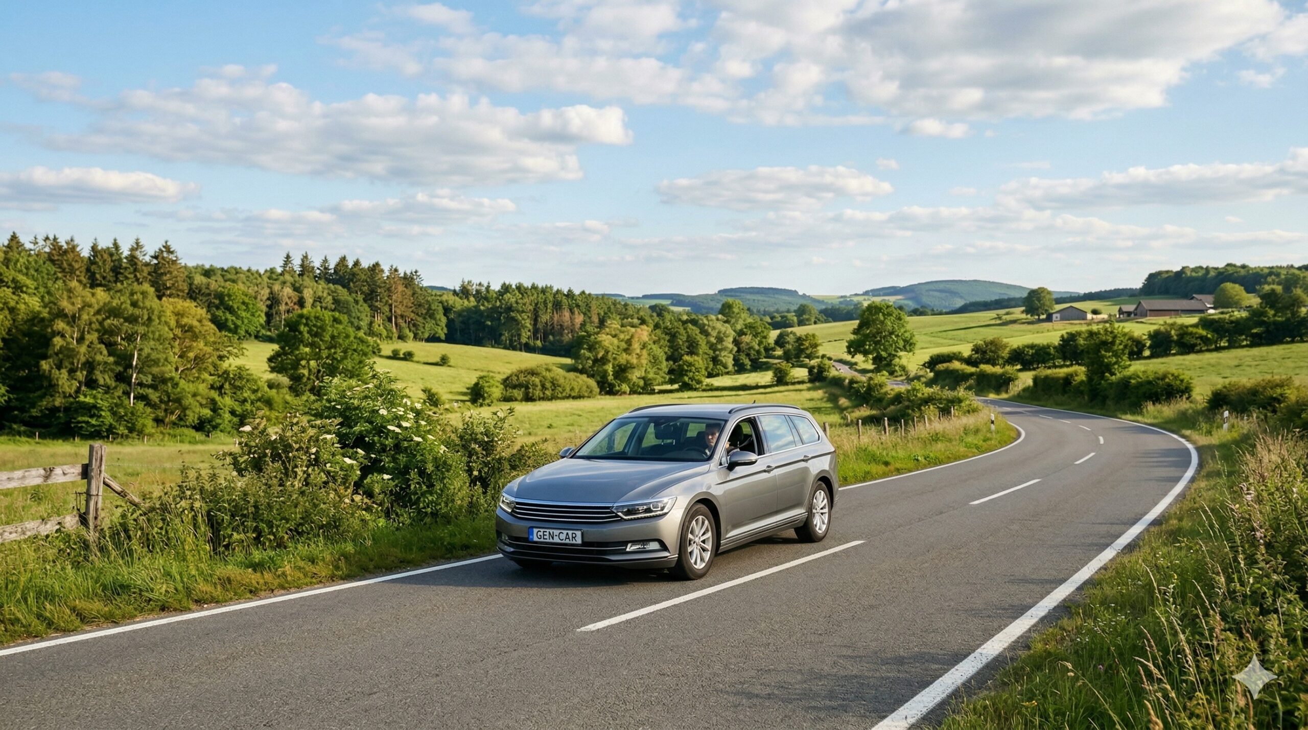 Een auto die over een rustige weg rijdt, wat symbool staat voor de flexibiliteit van een tijdelijke autoverzekering.