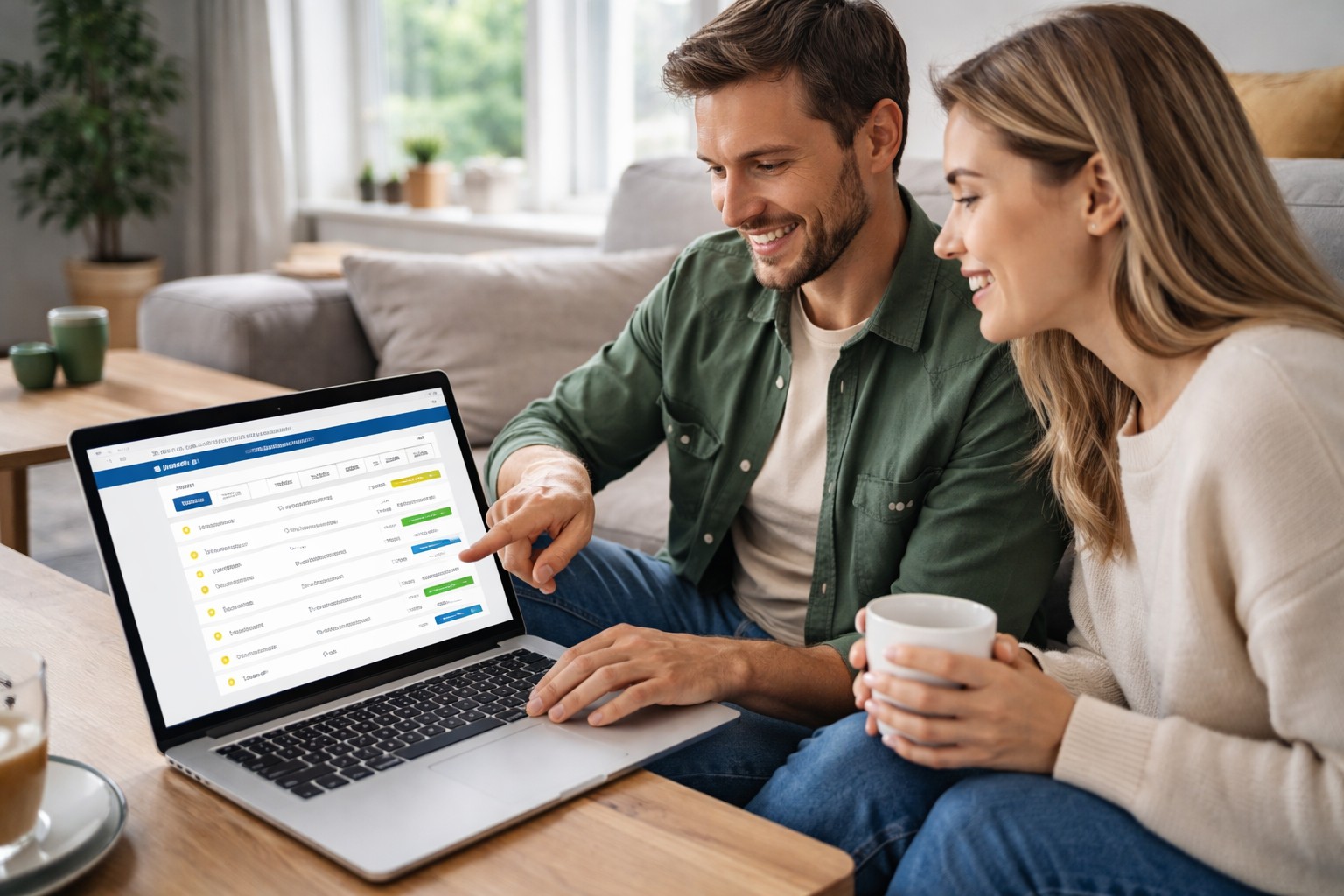 Twee vrienden vergelijken autoverzekeringen op hun laptop in een moderne woonkamer.