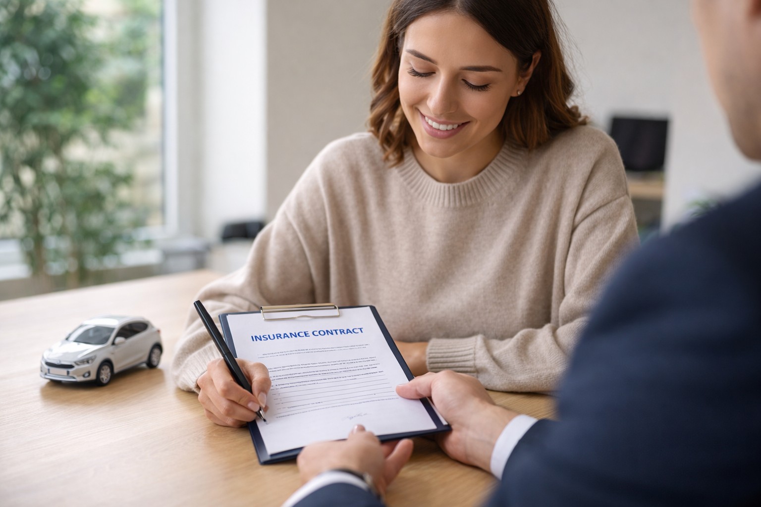 Een vrouw tekent haar Avero Achmea autoverzekeringspolis