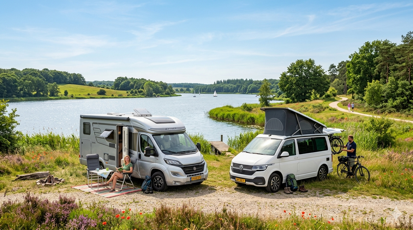Twee campers geparkeerd in een natuurgebied tijdens een zonnige dag.