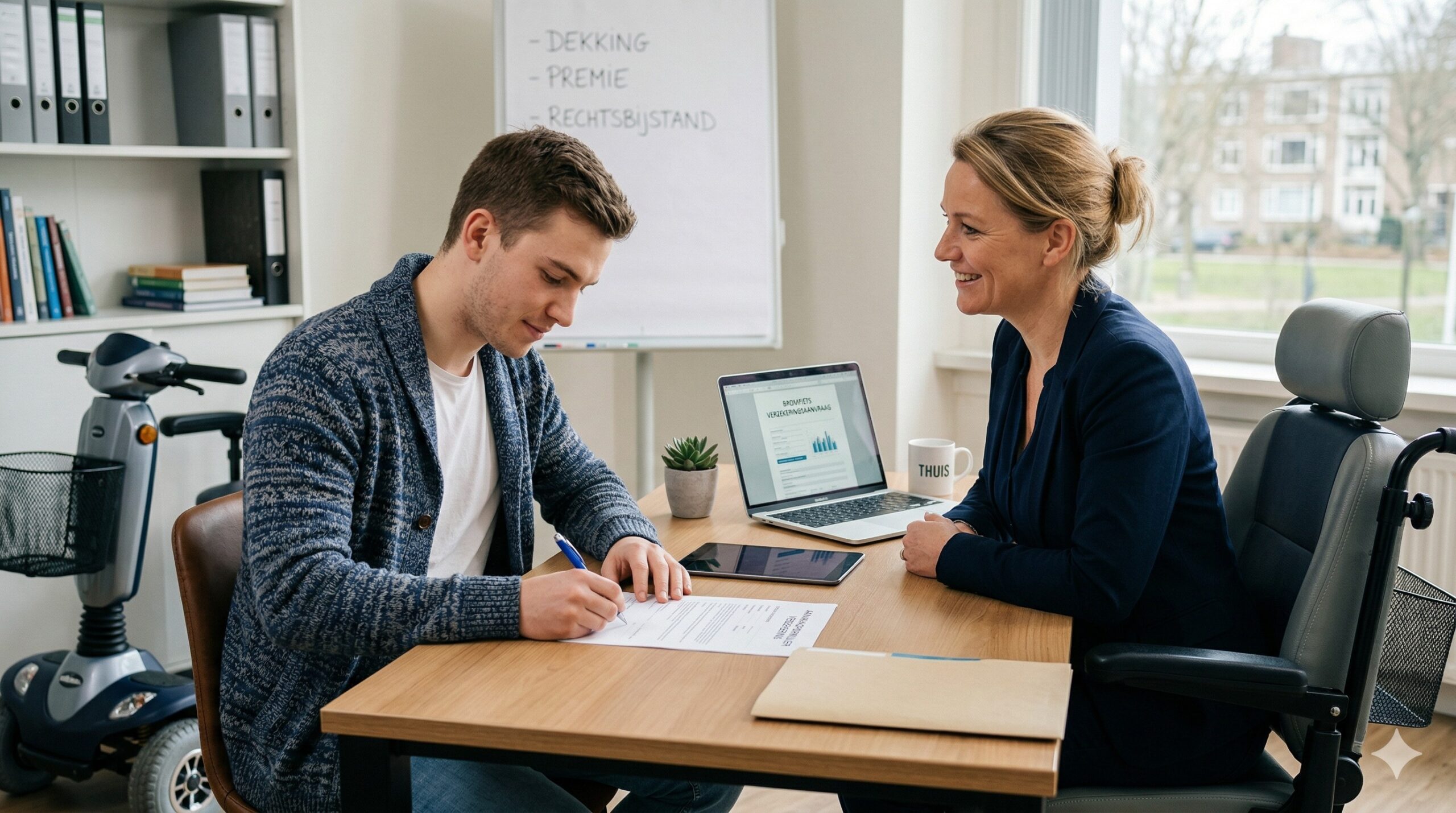 Een bromfiets die veilig geparkeerd staat met een zichtbaar kettingslot in een woonwijk.