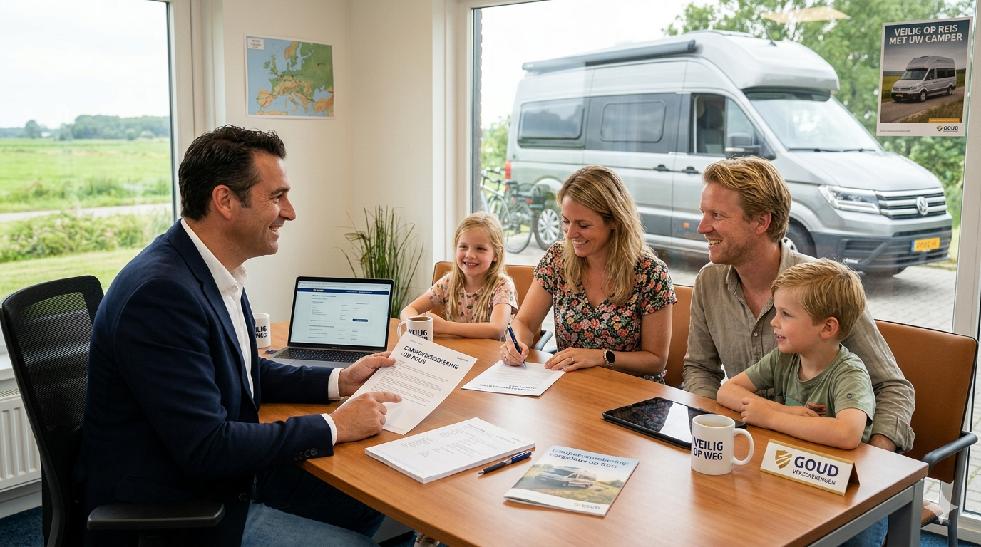 Een gezin dat een camperverzekering afsluit bij een verzekeringsadviseur.