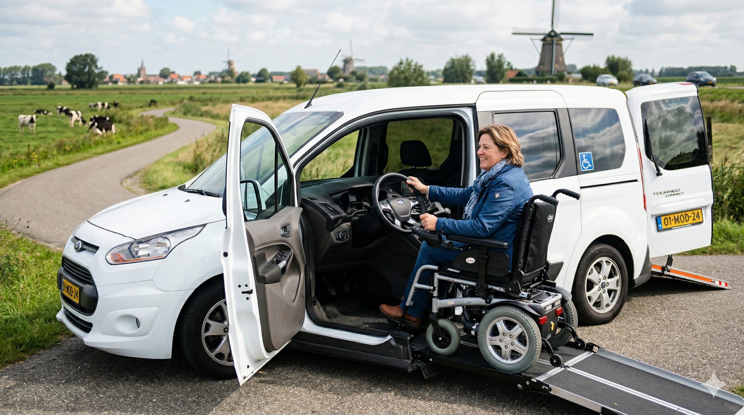 Een moderne scootmobiel rijdt over een veilig fietspad in de stad.