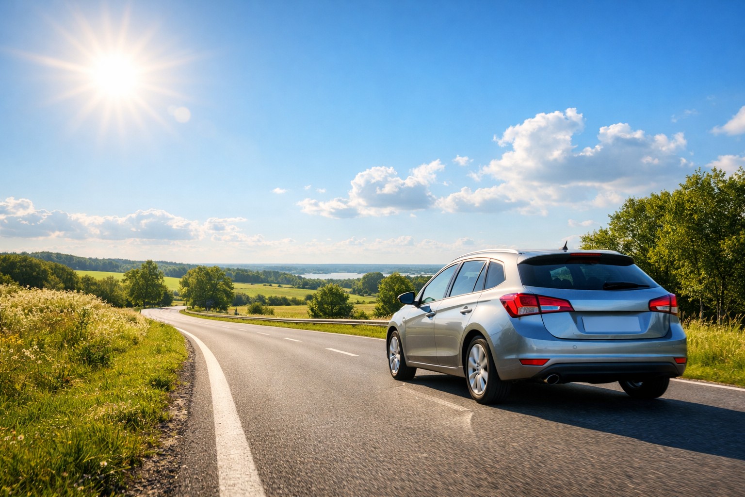 Een auto rijdt veilig op een zonnige dag, symbool voor betrouwbare autoverzekering