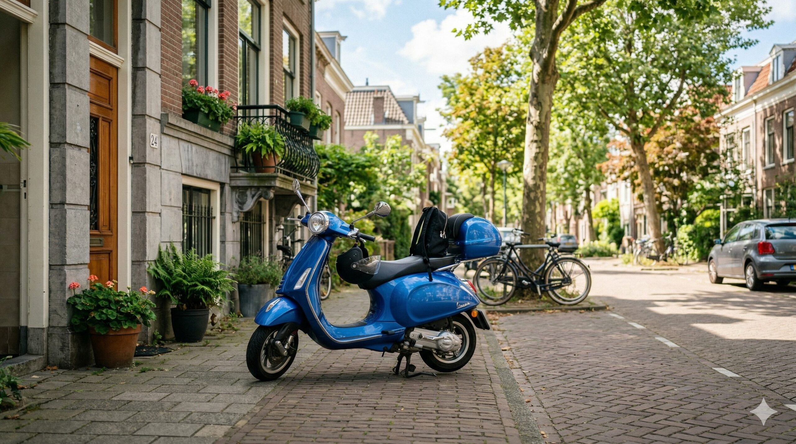 Een bestuurder geniet van een zorgeloze rit op een moderne scooter door een groene omgeving.