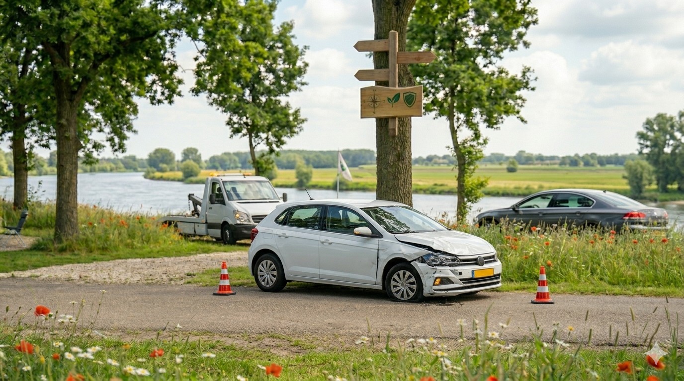 Auto met schade langs de kant van de weg, motorverzekering is belangrijk.
