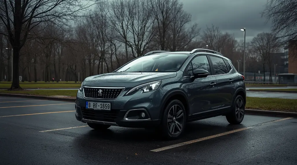 Peugeot 2008 met stormschade geparkeerd onder donkere wolken