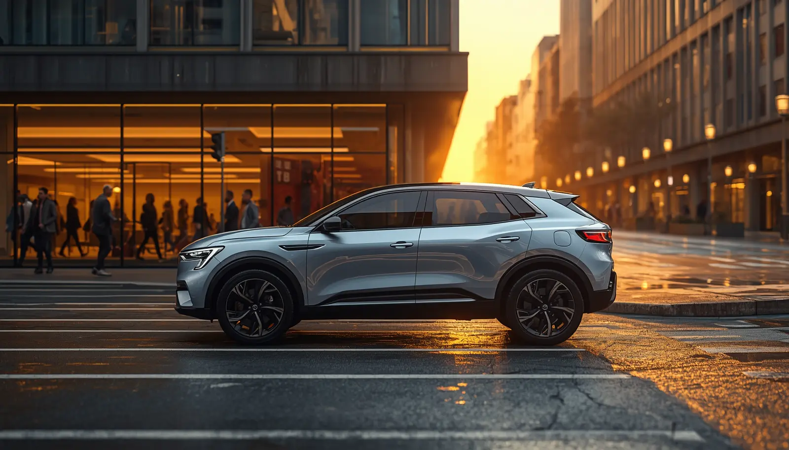 Renault Symbioz in de stad tijdens een prachtige zonsondergang