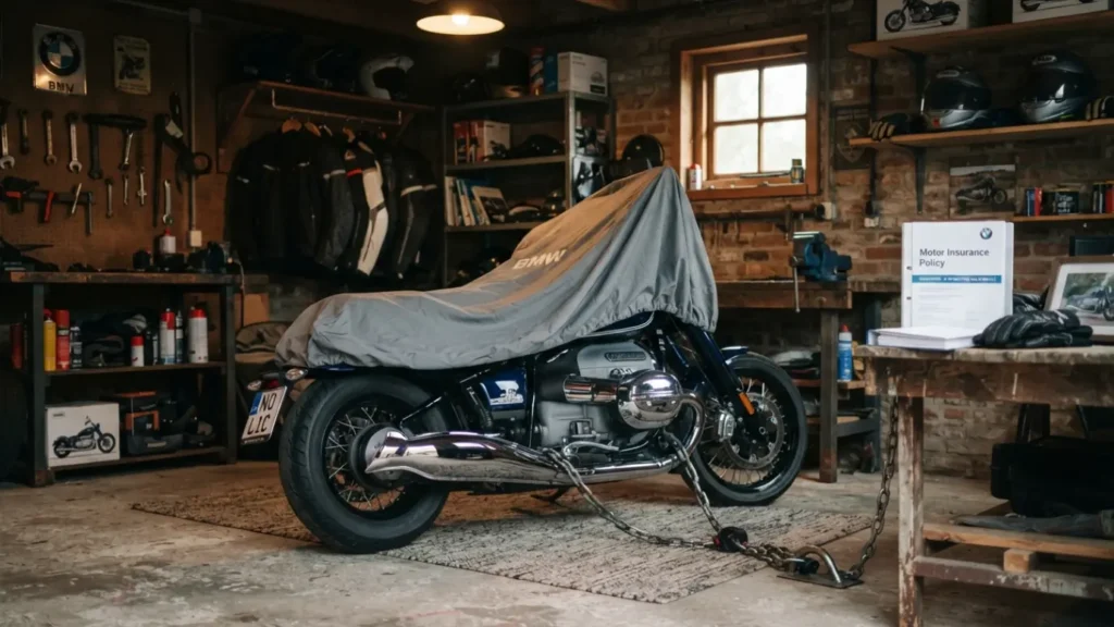 Motorfiets staat geparkeerd in een garage in afwachting van een verzekering zonder rijbewijs.