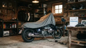 Motorfiets staat geparkeerd in een garage in afwachting van een verzekering zonder rijbewijs.